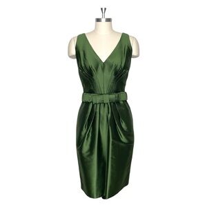 Green Silk Blend Pleated Cocktail Party Dress Size 8 Sleeveless V Neck Wedding